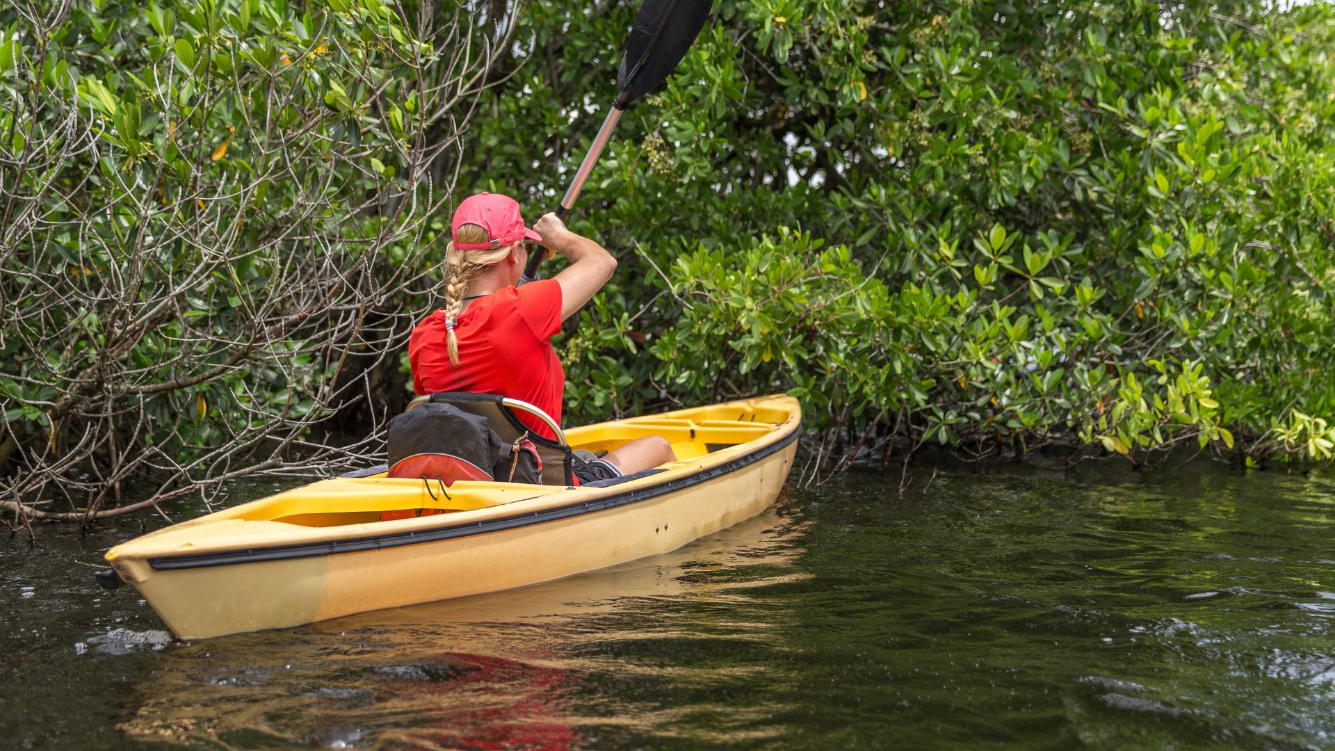 Paddler in a yellow kayak beside dense riverside vegetation.