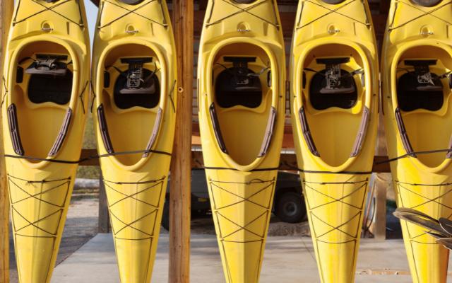Yellow touring kayaks stored upright on a rack