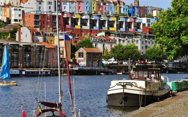 Moored boats and buildings around Bristol Harbour