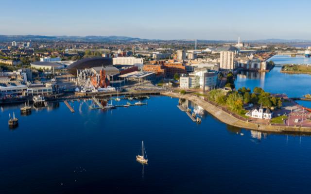 Aerial view of Cardiff Bay and its waterfront buildings