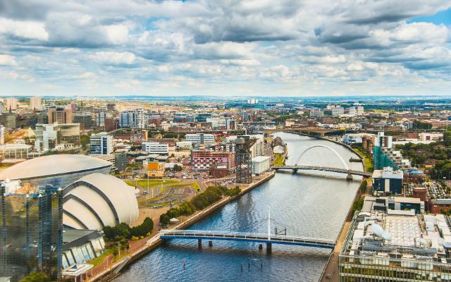 Aerial view of the River Clyde and Glasgow’s waterfront
