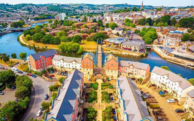 Aerial view of Exeter and the River Exe beside the Quayside