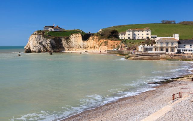 Beach and chalk cliffs at Freshwater Bay on the Isle of Wight