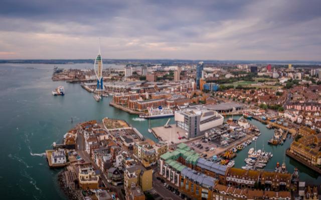 Aerial view of Portsmouth Harbour and its waterfront buildings